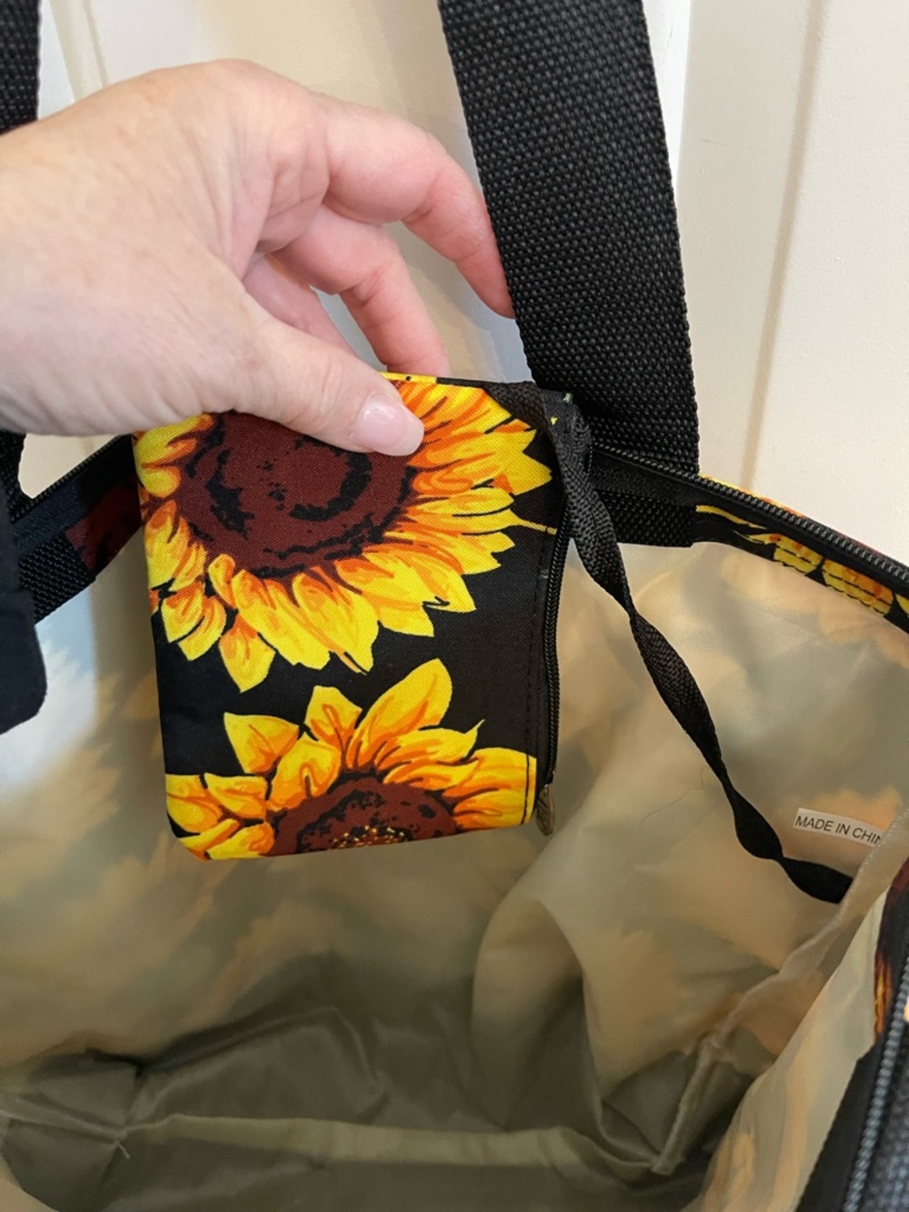 Sunflower Print Black Tote Bag - Bright Yellow Floral Canvas - Picture 2 of 3